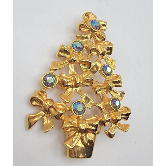 Vintage Gold Tone AB Rhinestone Bow Christmas Tree Signed Avon Brooch Pin - Picture 1 of 4